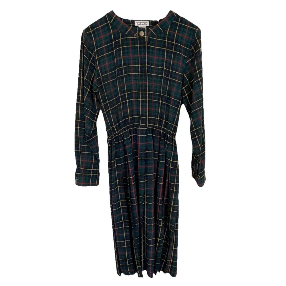 VTG 80s Talbots Green Tartan Plaid Long Sleeve Dress Belted Pleated Academia